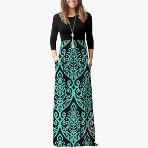 Elegant Black and Green Maxi Dress w/Pockets